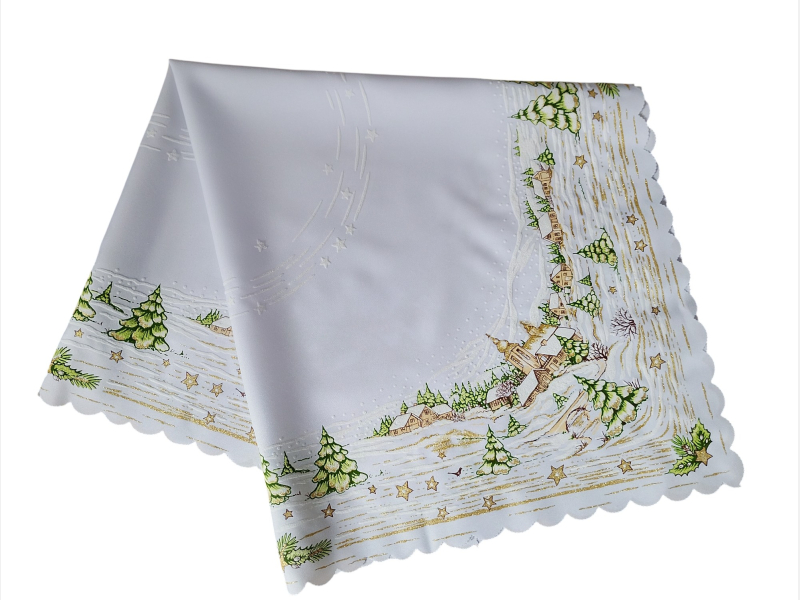 ŚWIĄTECZNY OBRUS 90x90 zimowy pejzaż KWADRAT biały