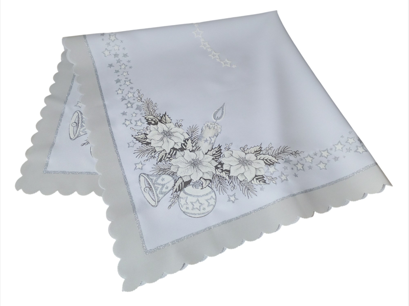 SZARY świąteczny OBRUS 90x90 cm KWADRAT brokat  świeca dzwoneczek