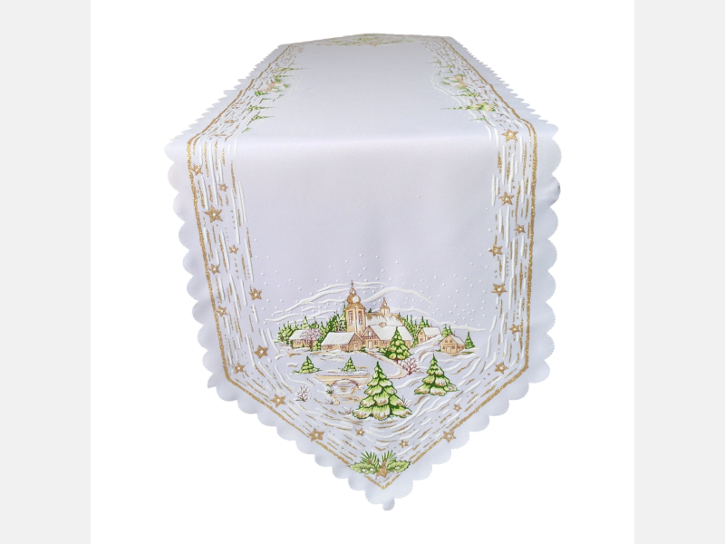 SZARFA świąteczna ELEGANCKA kościół zimowy pejzaż BIAŁA 35x140