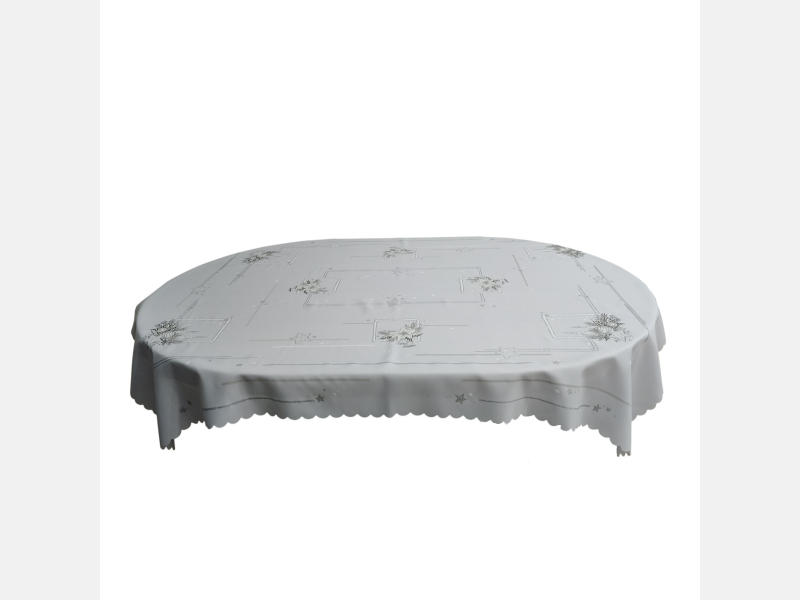 PIĘKNY OBRUS ŚWIĄTECZNY 120x140 cm BIAŁO-SZARY gwiazdki świece dzwoneczki gałązki