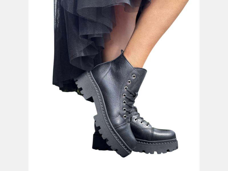 CZARNE traperki damskie NISKIE sznurowane, skóra naturalna LURSO