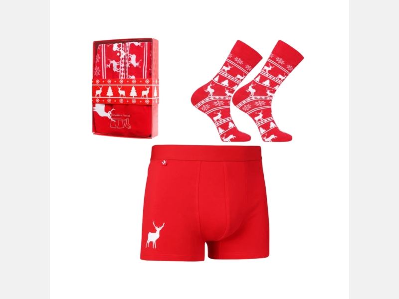 CZERWONY męski zestaw świąteczny BOKSERKI i SKARPETY z reniferem MORAJ