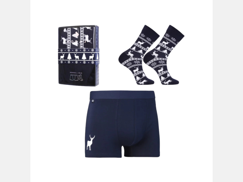 GRANATOWY męski zestaw świąteczny BOKSERKI i SKARPETY z reniferem MORAJ